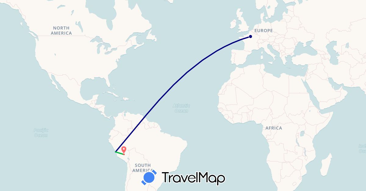 TravelMap itinerary: driving, bus, hiking in France, Peru (Europe, South America)